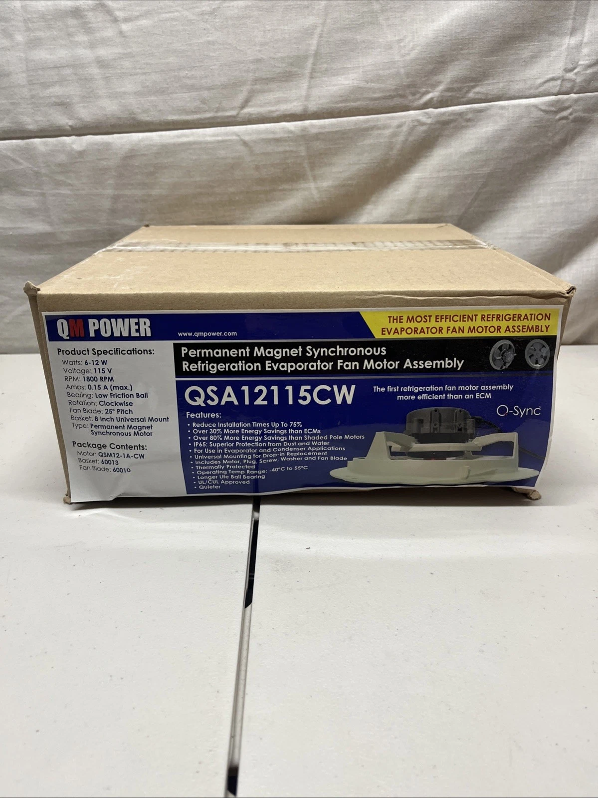 Carton the 30021-01 motors ship in, printed with QSA12115CW assembly specifications
